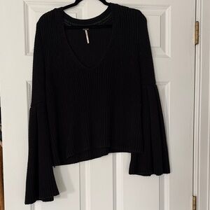 Free People Black Ribbed V-Neck Knit Sweater